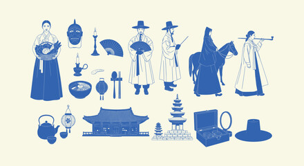 Korean Traditional Culture Set with Hanbok People Pagoda Hanok House and Cultural Icons in Blue © Bilkis Islam