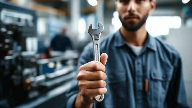 Industrial worker holding a wrench in factory setting, faceless professional portrait, defocused machinery, with copy space