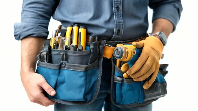 Handyman with tool belt isolated on white background, faceless service advertising concept, clean composition, with copy space