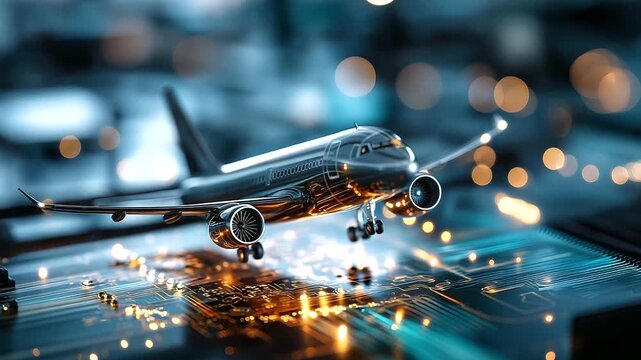 Minimal airplane model positioned on a glowing circuit board, futuristic aviation simulation concept, digital twin technology, abstract background, defocused surroundings, with