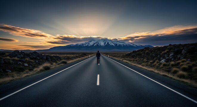 Silhouette of a person walking down a road towards a snow-capped mountain at sunset