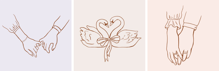 Wedding hand drawn whimsical drawings of two swan and couple holding hands. Elegant vintage romantic design © Marina Zlochin