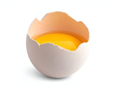 Cracked egg with yolk isolated on white background.