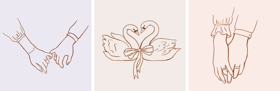 Wedding hand drawn whimsical drawings of two swan and couple holding hands. Elegant vintage romantic design