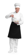 Chef with delicious dish and sauce on white background