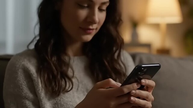 Woman using smartphone in living room.