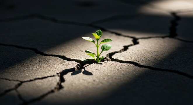 Strong Green Sprout Growing in Concrete Crack Symbolizing Hope Endurance and Willpower in Difficult Situations
