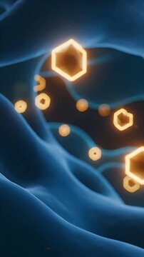 Abstract medical CGI visualization of glowing hexagonal molecules and circular structures within blue organic cellular membranes in a dark clinical background with soft lighting for scientific