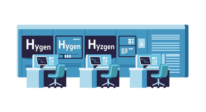 A row of three computer workstations in a modern control room with large screens displaying the 'Hygen' logo.