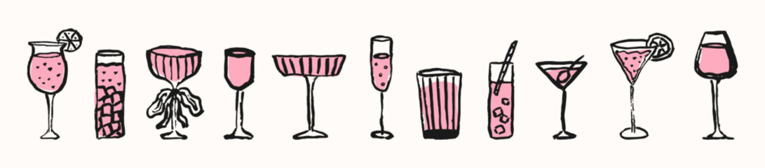 Whimsical coquette set wine and cocktails glasses with bows and pink abstract spot, hand drawn. Cute aesthetic glasses with ribbon in sketch style. Girly elegant martini, champagne. Line art © Екатерина Тарасова