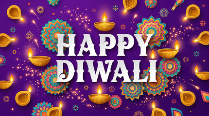 Happy Diwali 3D Paper Cut Text with Diya Lamps on Violet