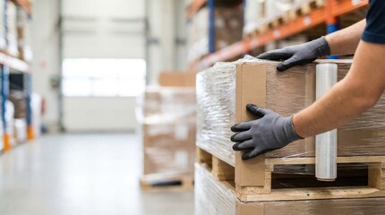 Warehouse worker wearing gloves wrapping cardboard boxes on a wooden pallet with clear stretch film