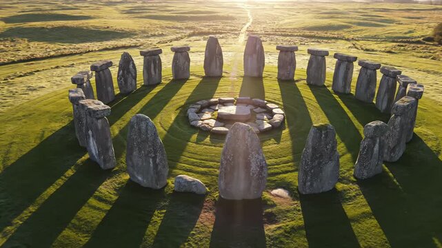 Ancient Stone Circle Monument Bathed in Golden Sunset Light Casting Long Shadows Across a Grassy Field Creating a Serene and Mystical Atmosphere