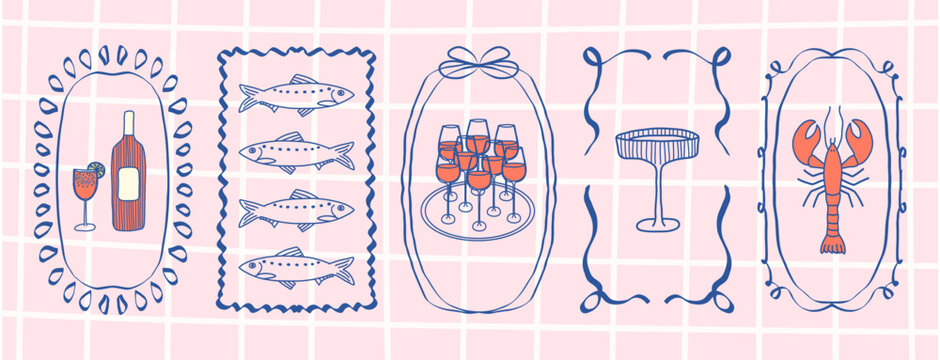 Whimsical blue hand-drawn frames with bow with sardine, glass, lobster, cocktail, wine bottle in vintage coquette style on pink checkered bg. design. Set for menu, greeting cards, party decor.
