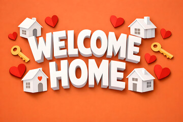 Welcome Home 3D Paper Cut Text with Houses and Keys on Orange