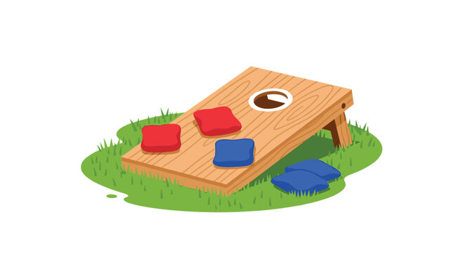 A light wooden cornhole board with a circular hole is angled on a patch of green grass, surrounded by three red and two blue beanbags.