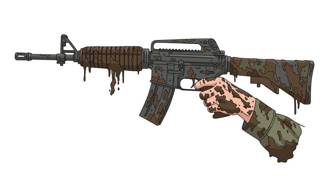 A mud-covered hand with camouflage paint firmly grips a heavily soiled M4-style assault rifle against a clean white background.