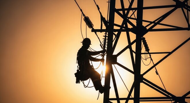 Lineman working on power transmission tower at sunset