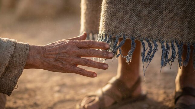 Concept of faith and healing showing an old hand reaching to touch the fringed hem of a garment AI generated
