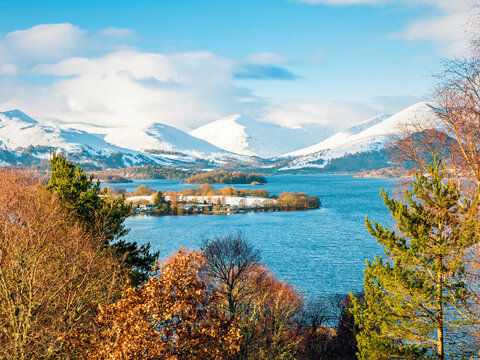 Loch Lomond and the Luss Hills, seen from the viewpoint of Craigie Fort, above the village of Balmaha. This location is visited by walkers on the West Highland Way, a Scottish long distance trail.