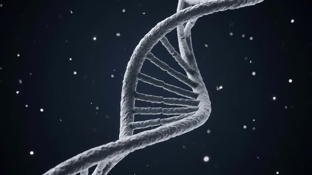 Detailed DNA double helix structure on dark background with particles