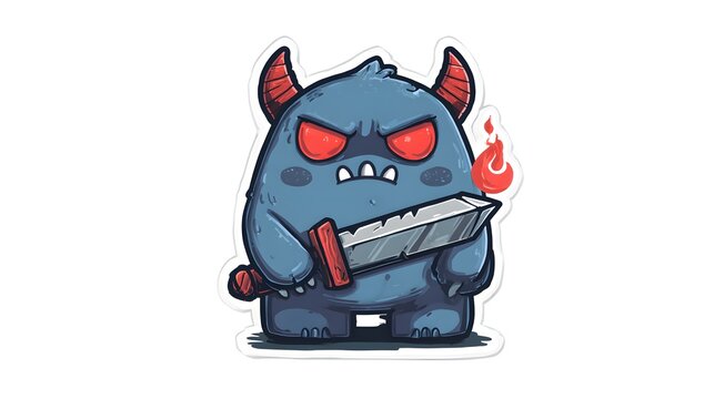 Cute Blue Monster Warrior with Fiery Sword and Horns.