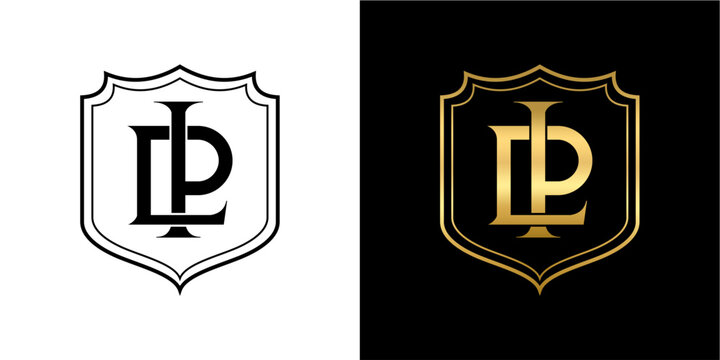 A sophisticated shield-shaped emblem featuring the intertwined letters 'LP' as a monogram. Presented in both a classic black and white version and a luxurious gold on black variant, ideal for branding