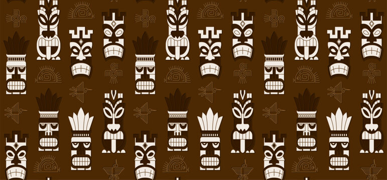 Seamless tribal mayan motif pattern. Old school pattern design. Hand draw mayan mask face background
