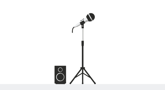 A classic black and white microphone stands on a tripod base next to a compact dark grey speaker box, positioned centrally on a light grey surface against a clean white background.