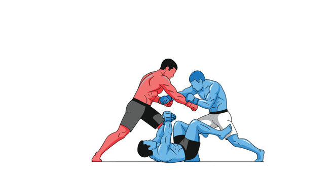 Three muscular mixed martial arts fighters are actively engaged in a ground and pound scenario, with one red and two blue opponents in a dynamic struggle on a simple white mat.