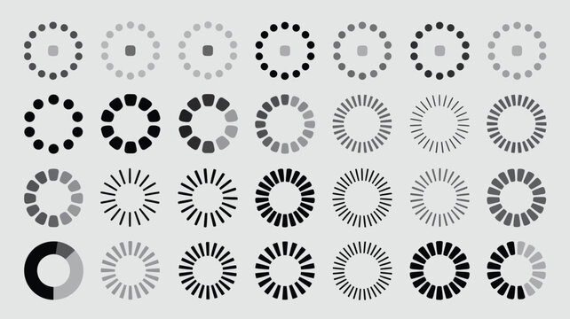 Various circular loading icons and progress bars isolated on white background