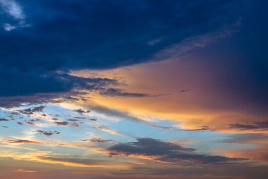 Dramatic beautiful sky background with clouds. Bottom-up view. Nature concept for design or for adding text. Abstract background with a natural sky. Close-up.