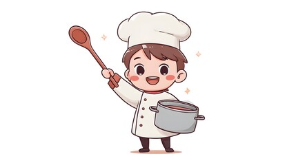 Cute Cartoon Chef Character Holding a Spoon and Pot.