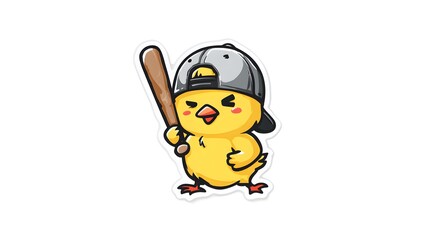 Naklejka premium Cute Cartoon Chick Character Holding a Baseball Bat Ready to Play.