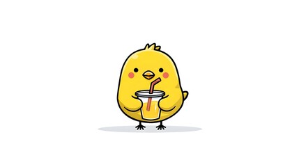 Cute Cartoon Chick Holding a Refreshing Drink with a Straw.