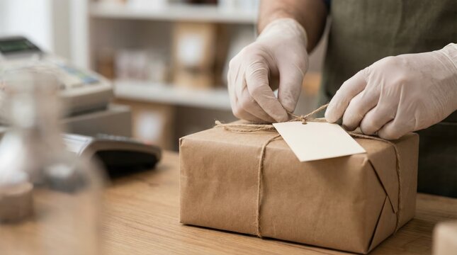 Worker wearing gloves tying a string with a blank paper tag on a brown kraft paper package