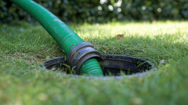 Septic tank pumping and maintenance with hose in backyard