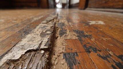 Termite damage on old wooden floorboards