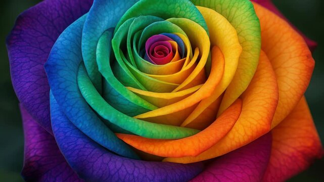 Rainbow Rose: A mesmerizing macro shot of a vibrant rainbow rose, its petals displaying a stunning spectrum of colors, symbolizing beauty and diversity.