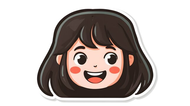Cute Cartoon Girl Face with Big Smile and Dark Hair.