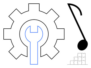 Innovation concept. A gear with a wrench, a musical note, and a puzzle piece arrangement innovation, problem-solving, and collaboration. Great for technology, teamwork, music creativity © robu_s