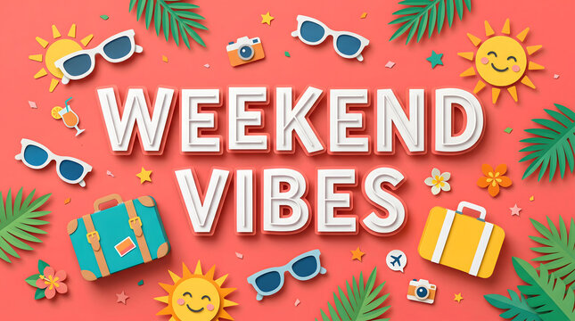 Weekend Vibes 3D Paper Cut Text with Sunglasses on Coral