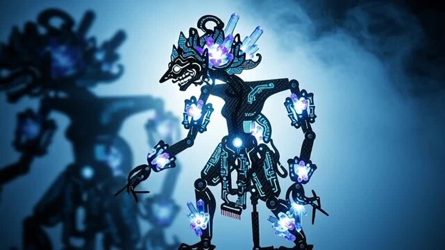 Futuristic Wayang Kulit Shadow Puppet with Glowing Blue Lights.