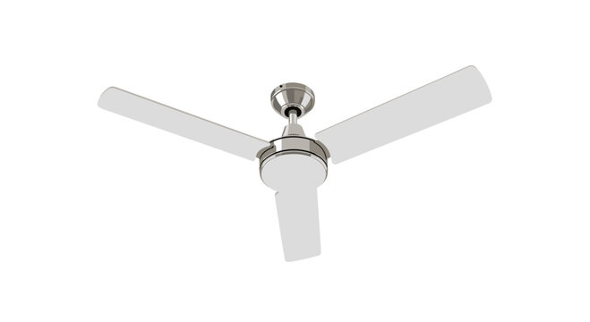 A modern three-bladed white ceiling fan with a polished metallic housing is mounted and viewed from a slight upward angle on a clean white background.