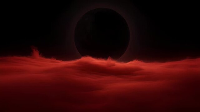 Eerie cosmic landscape with dark planet amidst a sea of crimson clouds