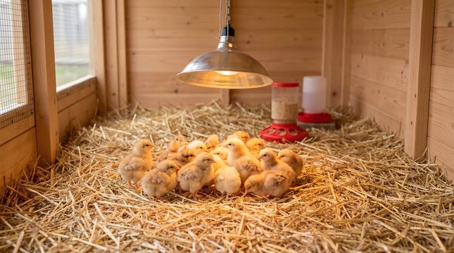 Chicks Gathering Under Heat Lamp in Poultry Farm