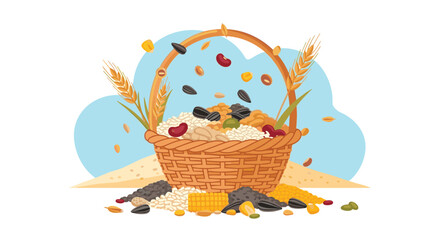 Fototapeta premium A rustic woven basket overflows with a rich variety of grains, seeds, and beans, including wheat stalks, with some spilling onto the ground against a blue cloud backdrop.