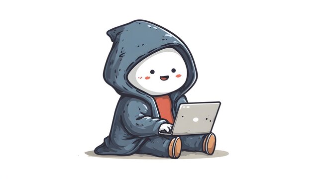 Cute Cartoon Hacker Character in Hoodie Using Laptop.