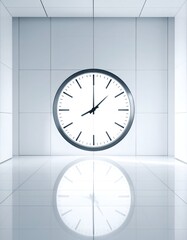 Minimalist Clock in White Room with Reflection.