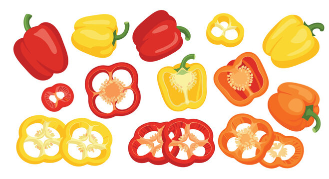 A diverse collection of whole and precisely sliced bell peppers in shades of red, yellow, and orange is meticulously arranged across a clean white surface.